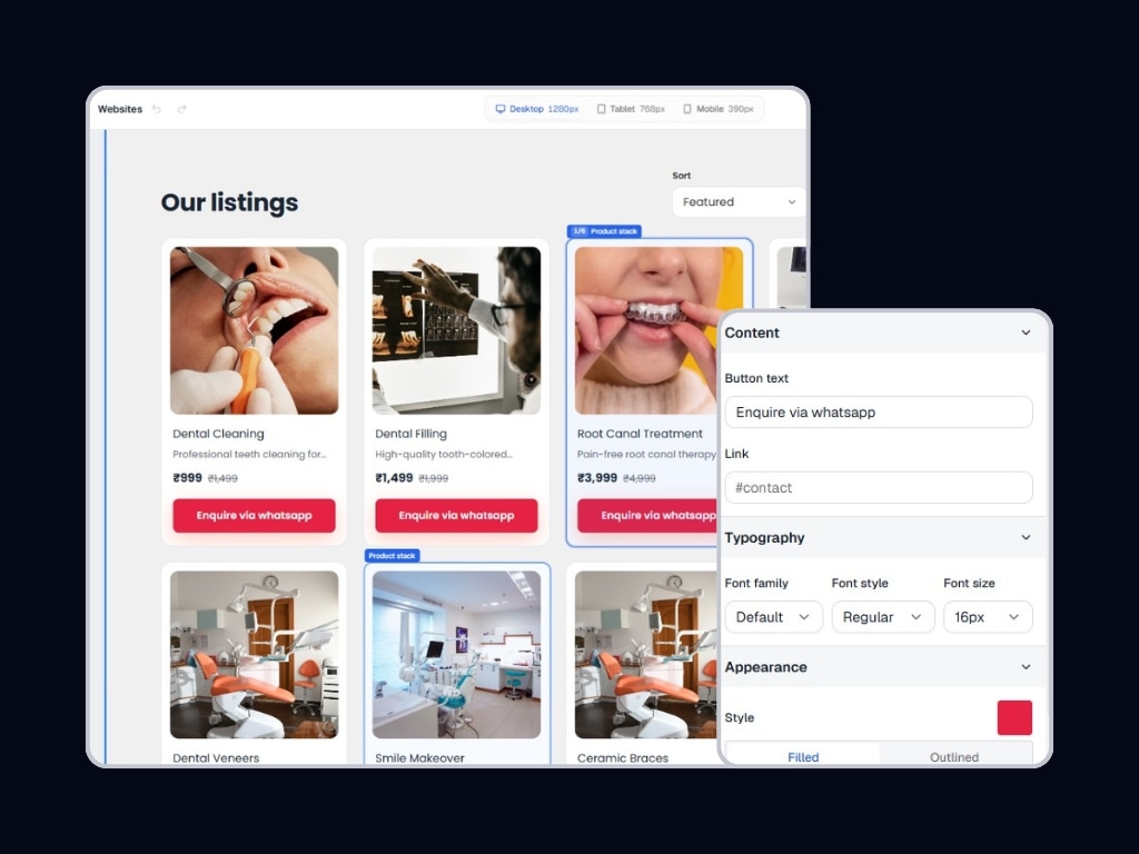 Fyder Web visual editor customizing listings and button styles
