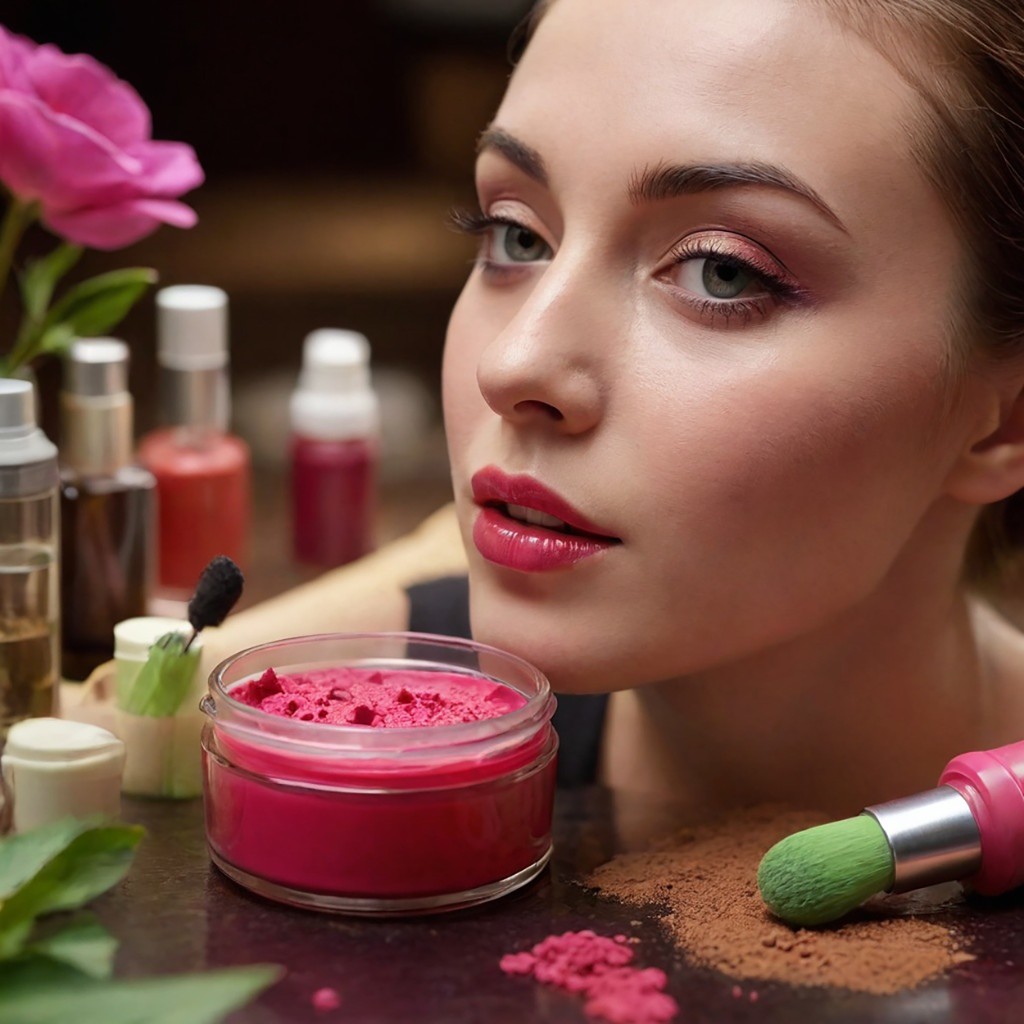 Woman with radiant makeup surrounded by beauty products