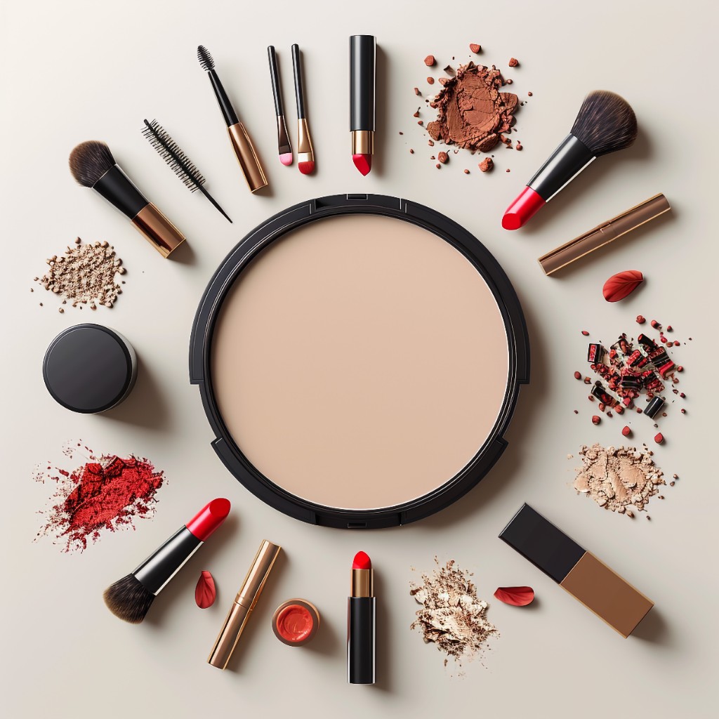 Luxury cosmetics flat lay with lipsticks, brushes, and powder