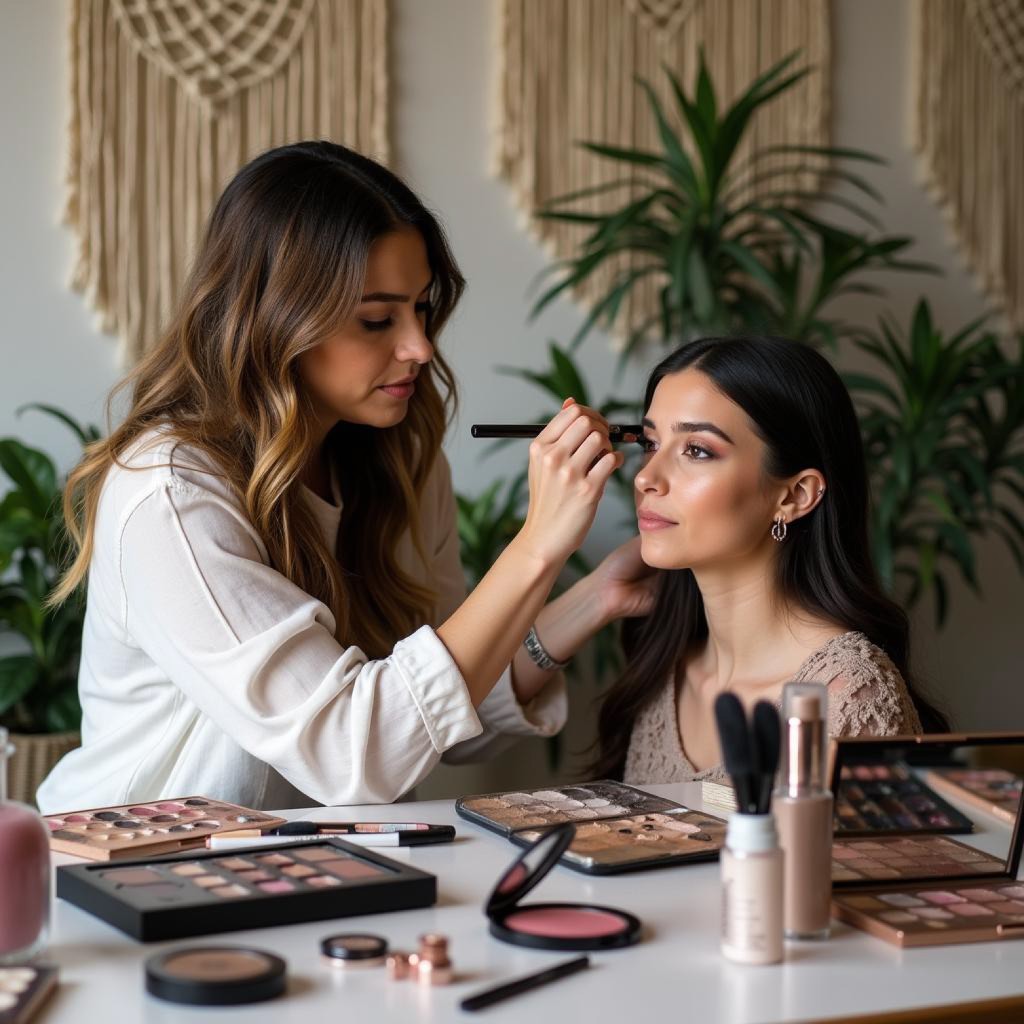 Makeup artist applying eyeshadow in a beauty studio
